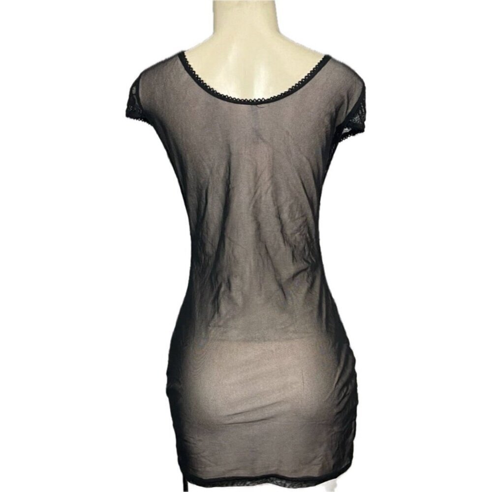 Umgee M Juniors Black Floral Lace Sheer Mesh Lined Accent Cap Sleeve Mini Dress - Picture 4 of 6